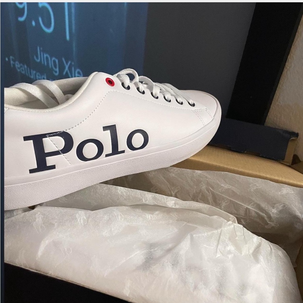 Polo by Ralph Lauren Men's White Sneakers with Navy Logo